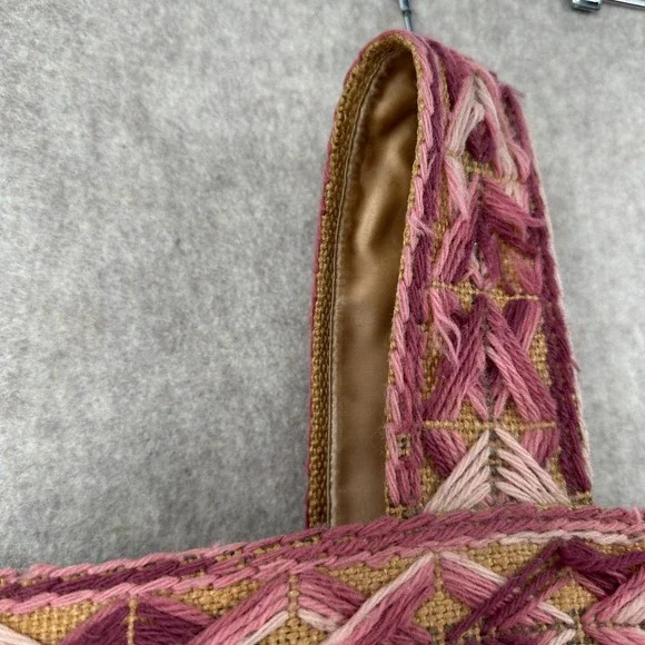 VTG Handmade Burlap Yarn Embroidered Tote Bag Geometric Stitched Pink Brown Boho - Picture 6 of 16